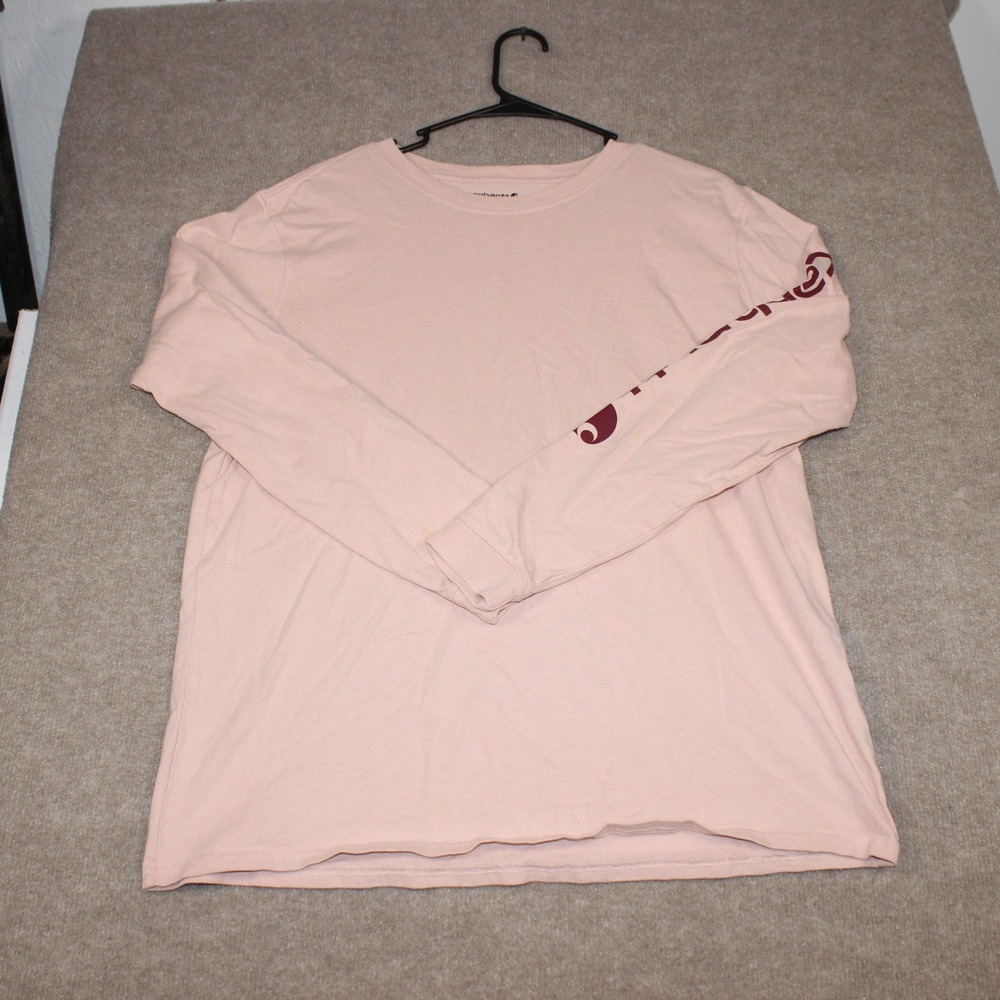 Carhartt Womens Large Loose Fit Long Sleeve Graphic T-Shirt Peach Pink Logo